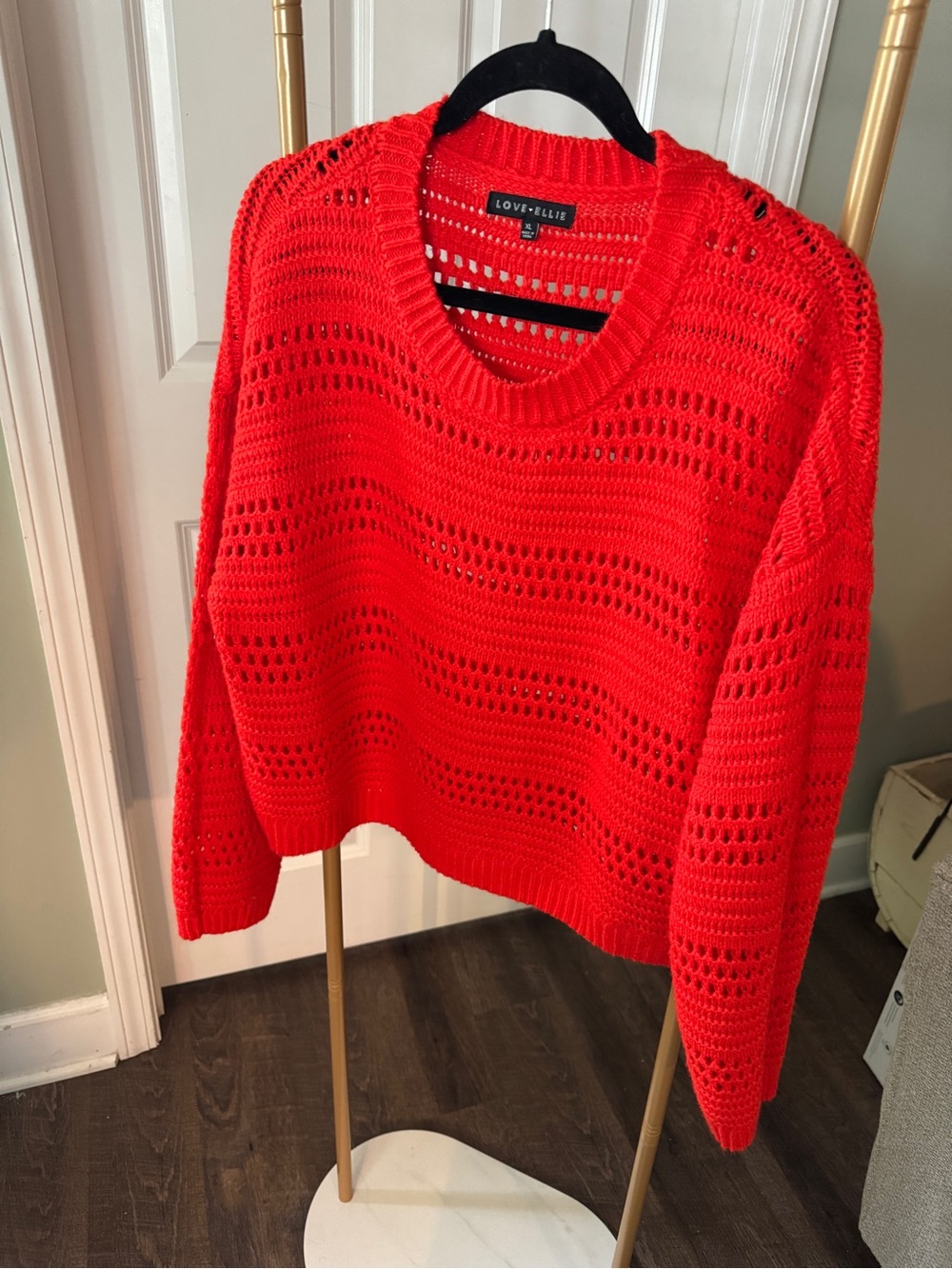 Love + Elle Bright Orange Red Open-Knit Crewneck Sweater